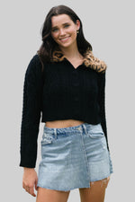 Leopard fur collar cardigan black knit