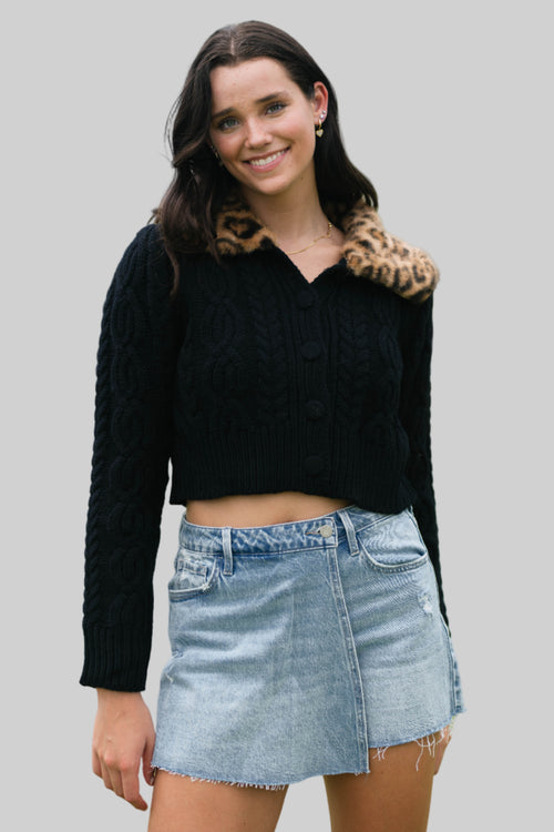 Leopard fur collar cardigan black knit