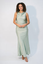 sage green satin maxi dress