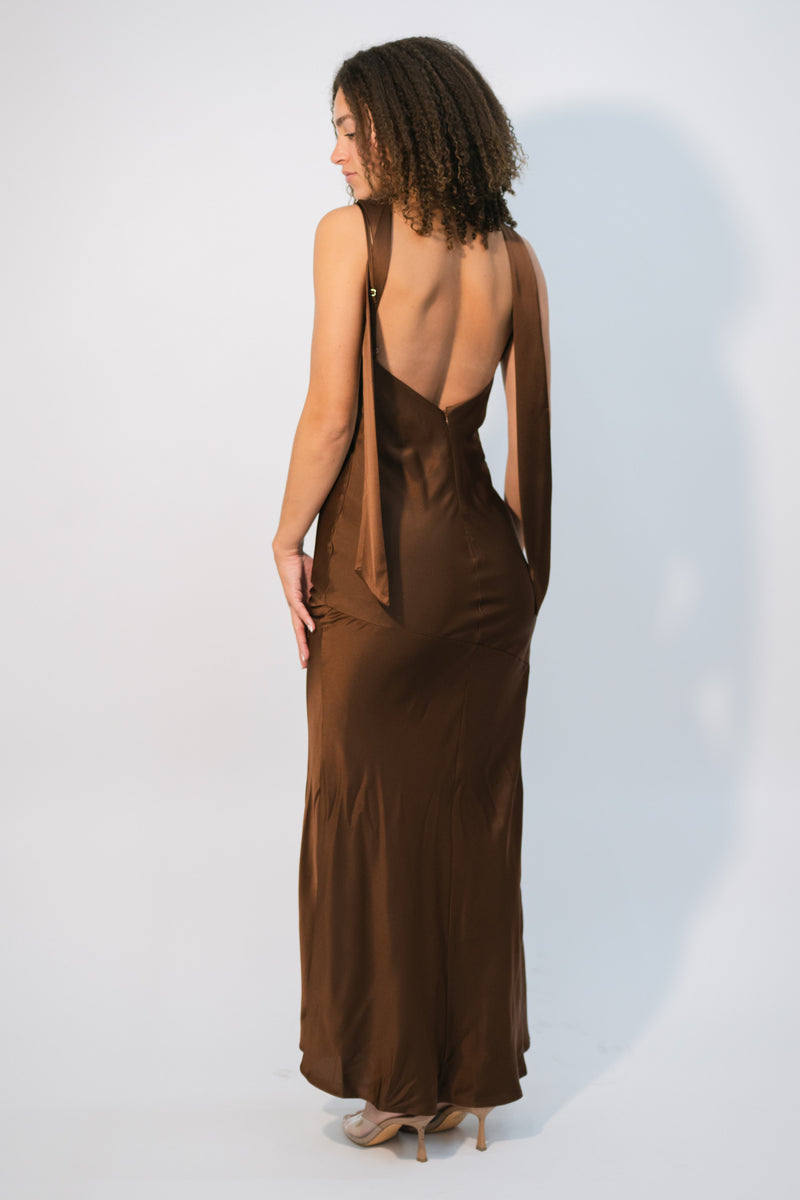 brown satin cowl neck dress