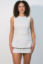blue and cream tweed mini dress