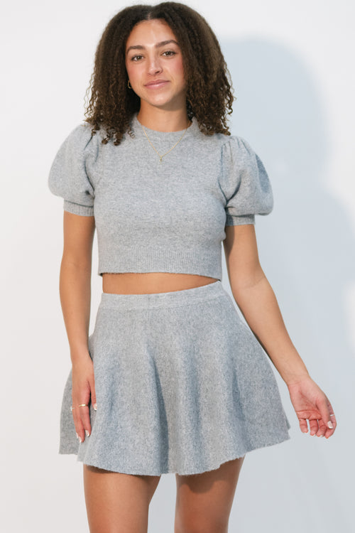 gray knit two-piece skirt set
