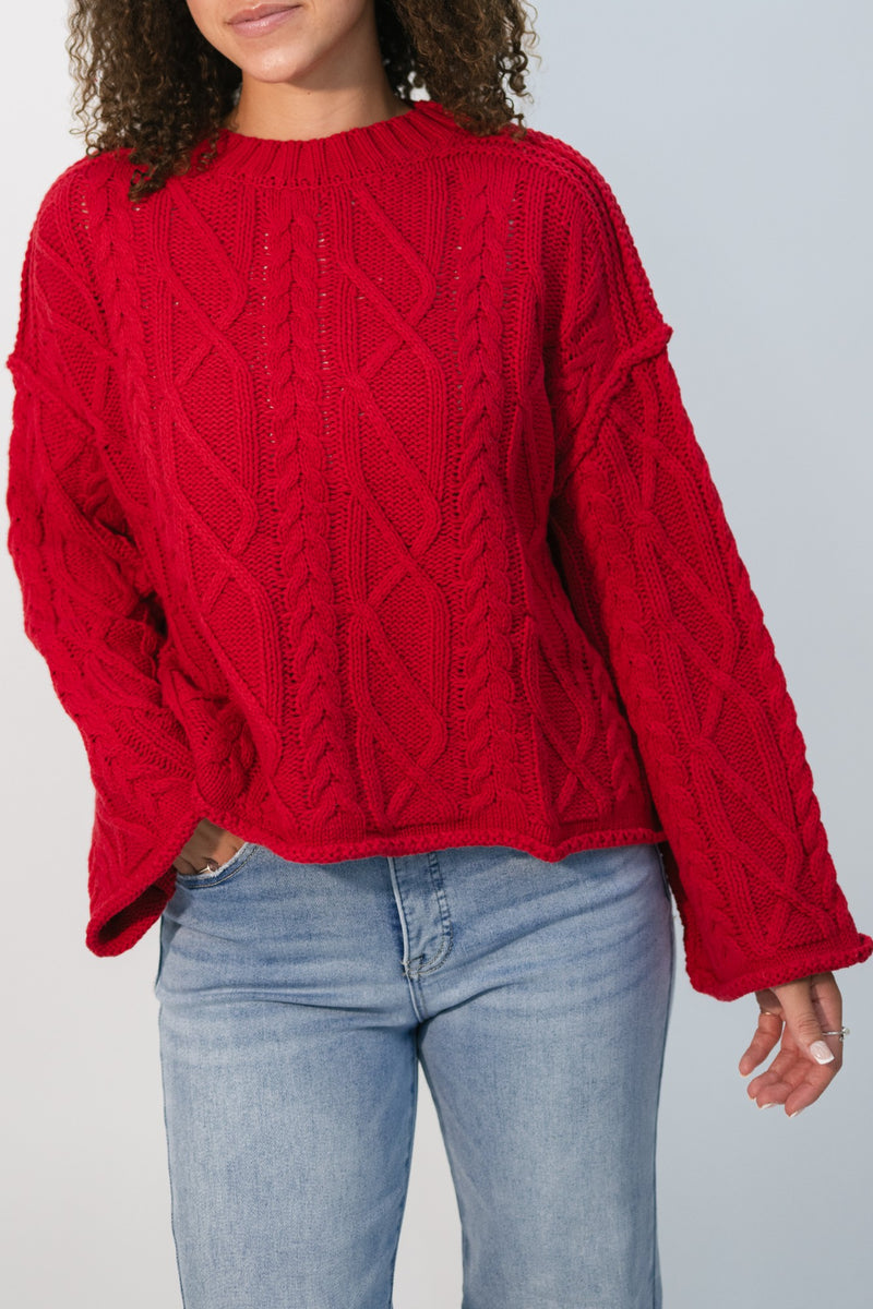 red chunky knit sweater outfit inspo