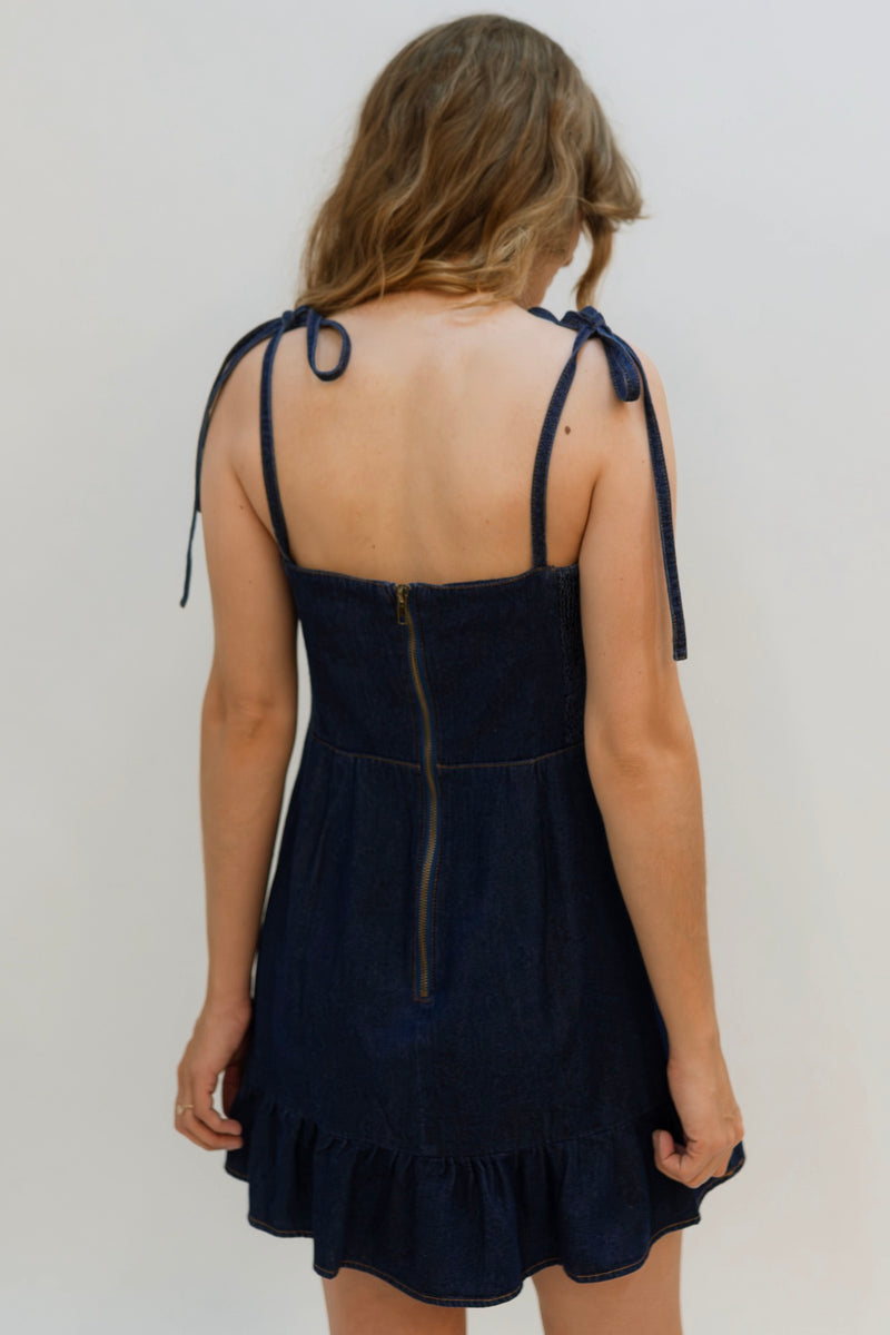 tie-shoulder denim dress for women