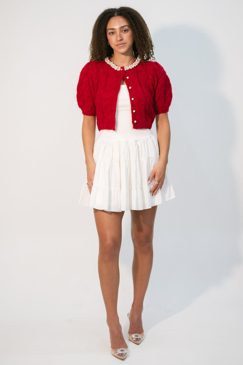 cherry red cable knit cardigan