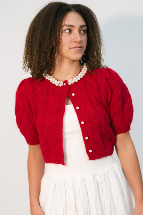 red cropped cardigan with pearl buttons