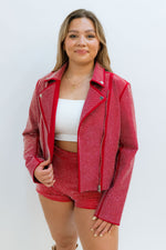 OU Boomer Sooner Red White Game Day Statement outfit with all over rhinestone studded jacket and shorts