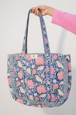 quilted floral tote bag with ruffle trim