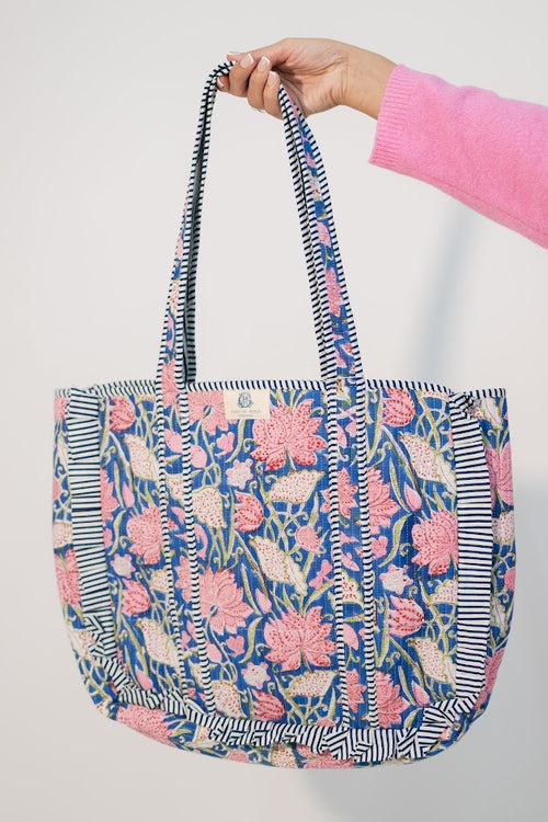 quilted floral tote bag with ruffle trim