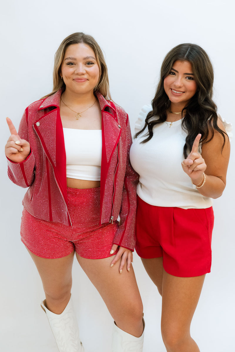 ou gameday outfit red white crimson mttaching outfit white top and red rhinestone shorts