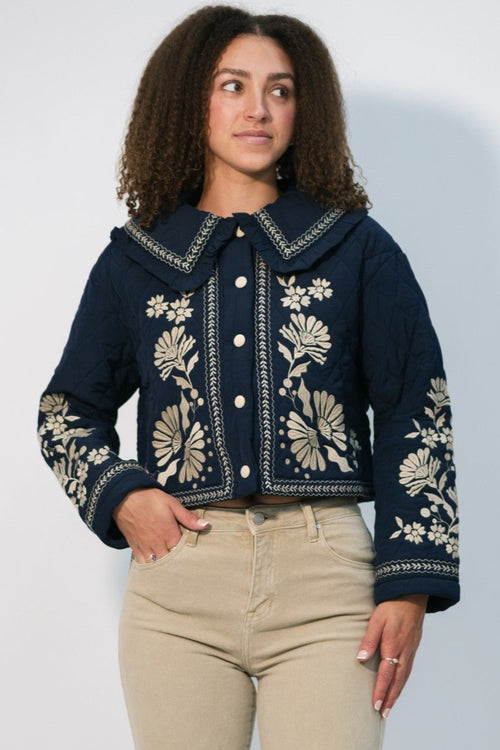 Navy embroidered quilted jacket floral
