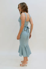 elegant blue dress with waist tie