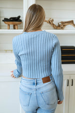 Modern blue knit monochrome sweater outfit