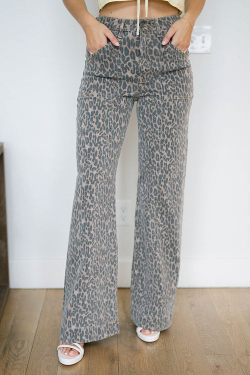 Leopard print wide leg jeans
