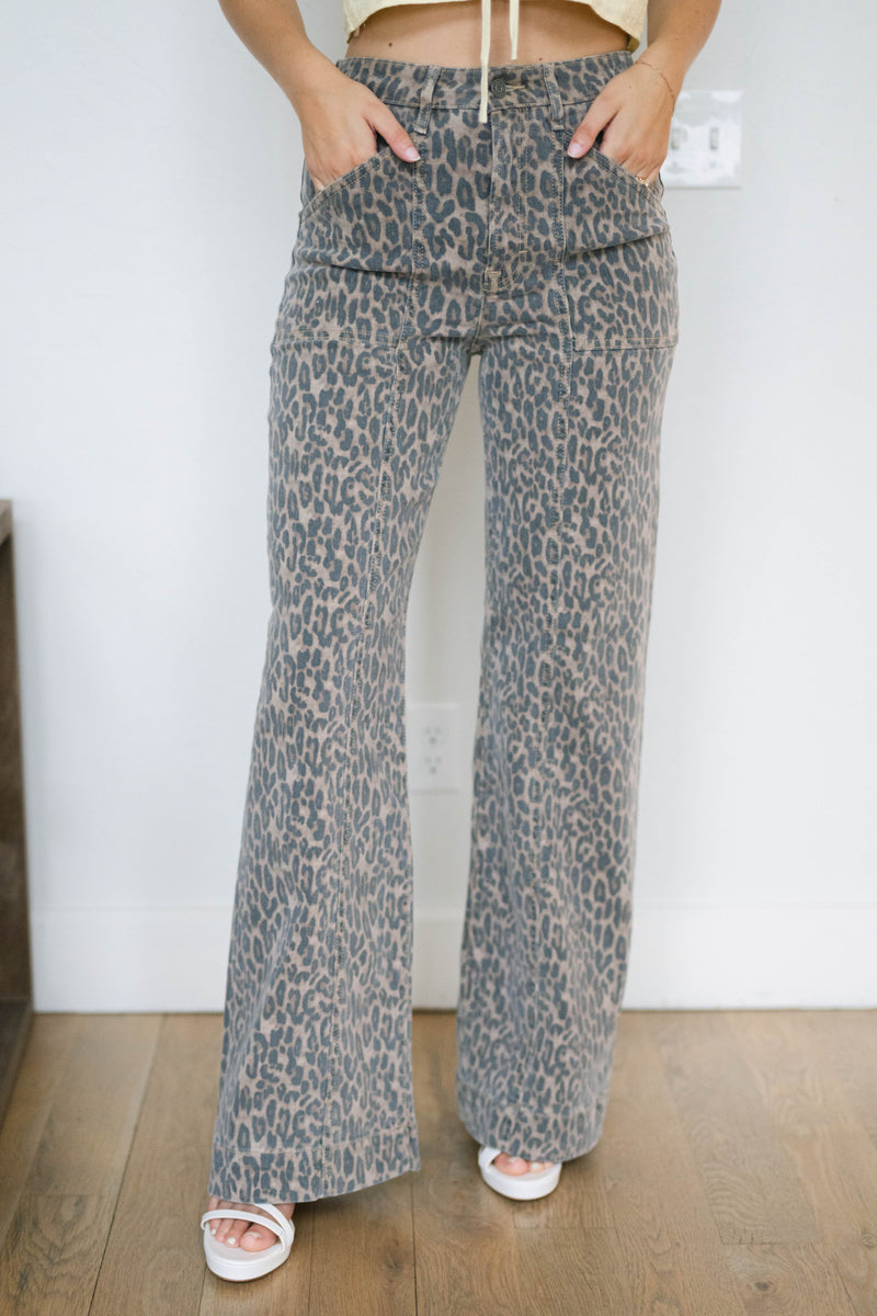 Leopard print wide leg jeans