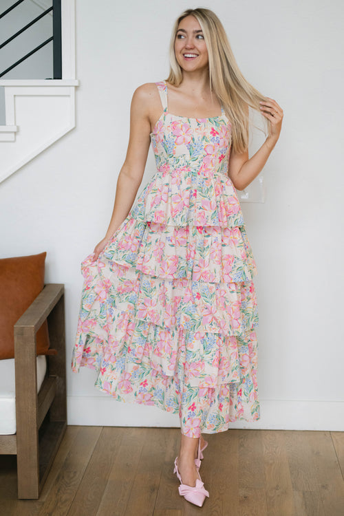 floral tiered maxi dress square neckline cottagecore spring fashion