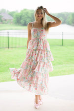 Pastel floral print maxi dress spring outdoor wedding guest outfit
