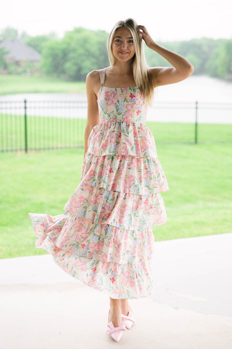 Pastel floral print maxi dress spring outdoor wedding guest outfit