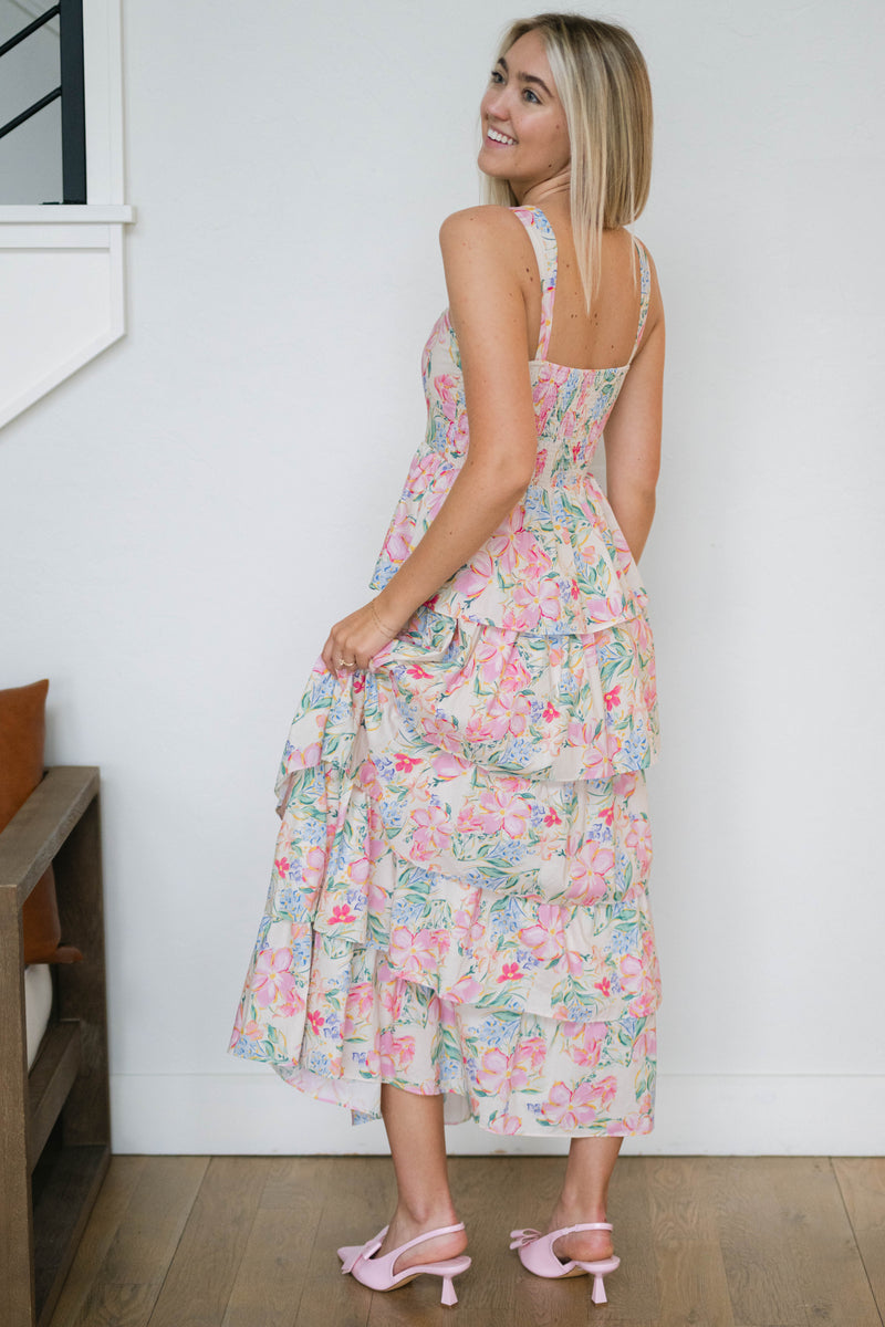 Pink floral tiered midi dress watercolor print romantic spring outfit