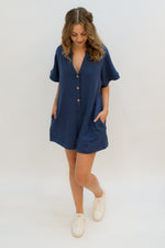 Relaxed fit button-down romper navy