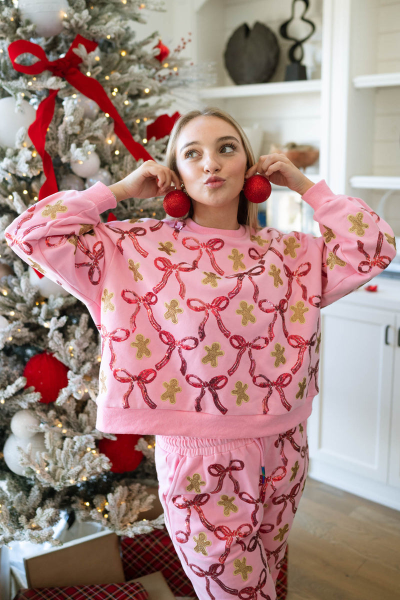 Queen of Sparkles Light Pink Gingerbread Men & Bows Sweatshirt