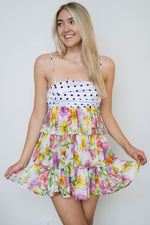 Yellow floral sundress with polka dot bodice spring garden party outfit