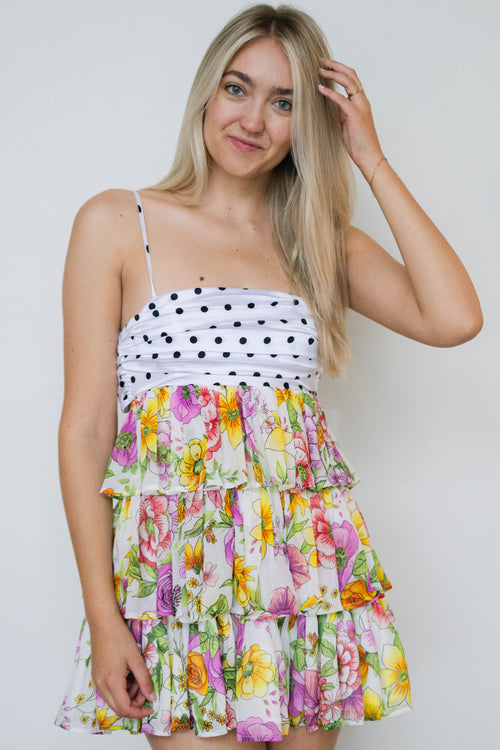 polka dot floral mini dress spring fashion yellow floral tiered ruffle