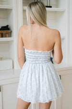 Lace trim floral mini dress light blue
