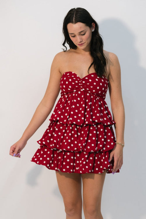 Strapless polka dot mini dress