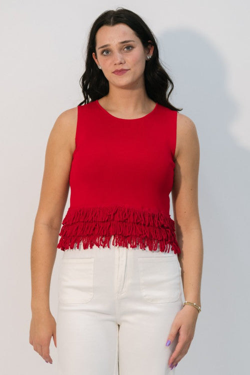 Red fringe hem top
