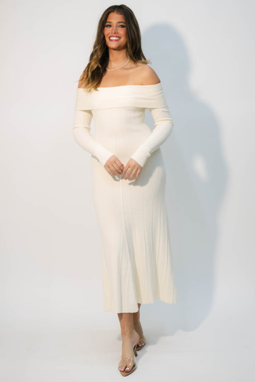ivory off shoulder sweater dress