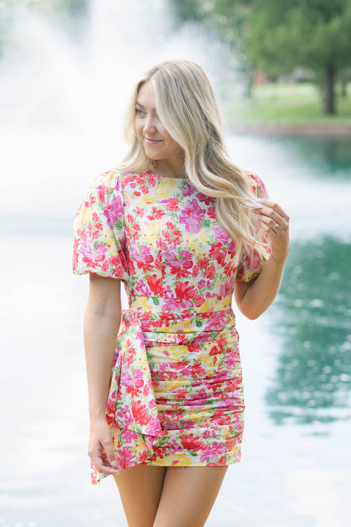 Floral ruched mini dress pink coral
