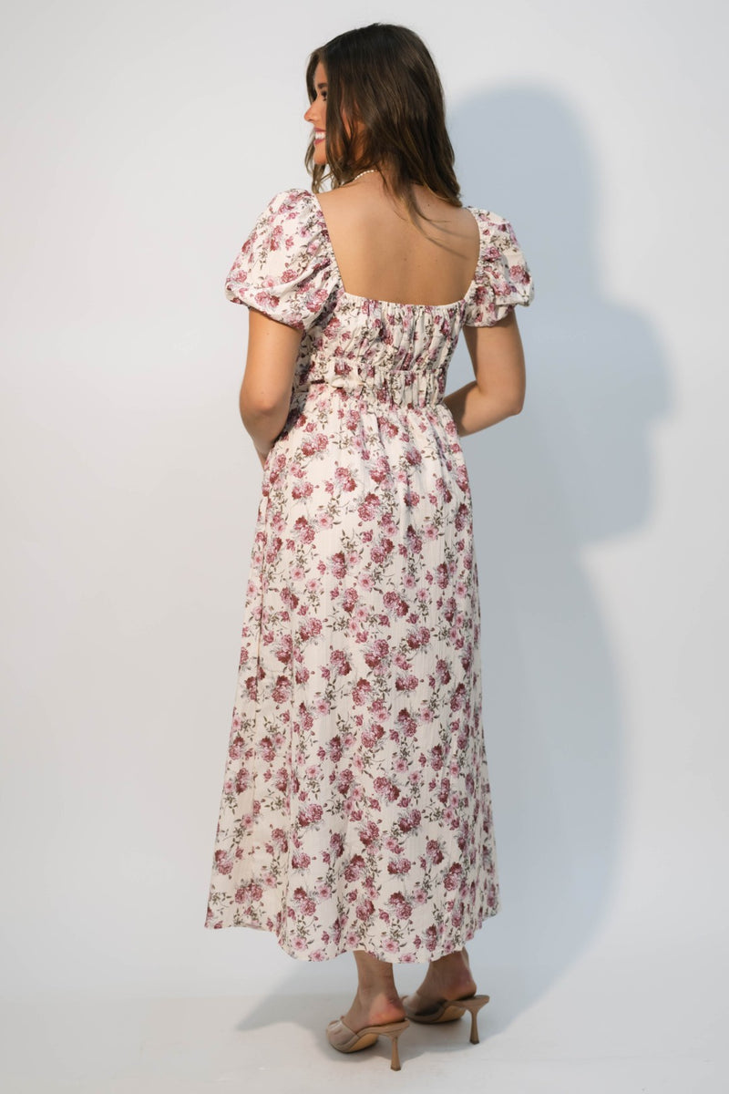 puff sleeve romantic midi dress