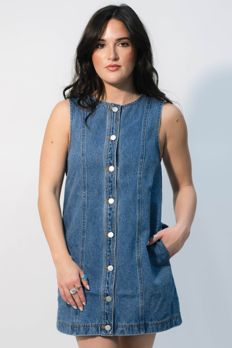 sleeveless denim mini dress