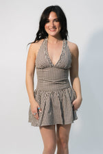 brown gingham halter romper