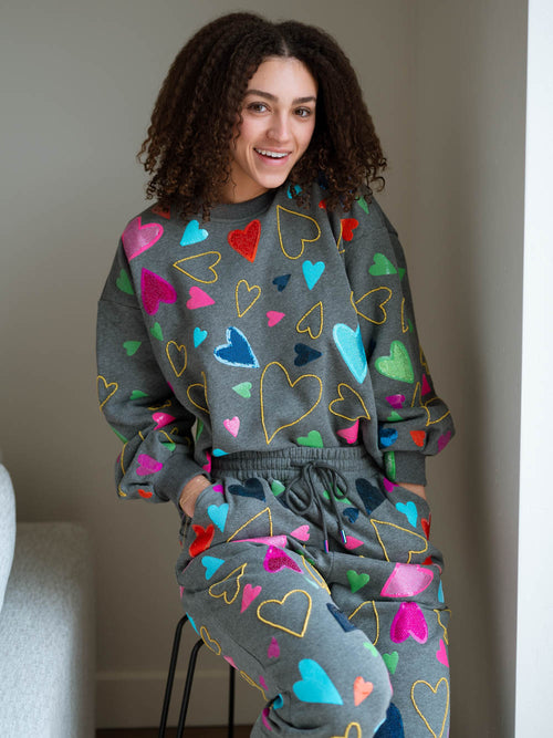 Colorful embroidered and sequined hearts sweatshirt