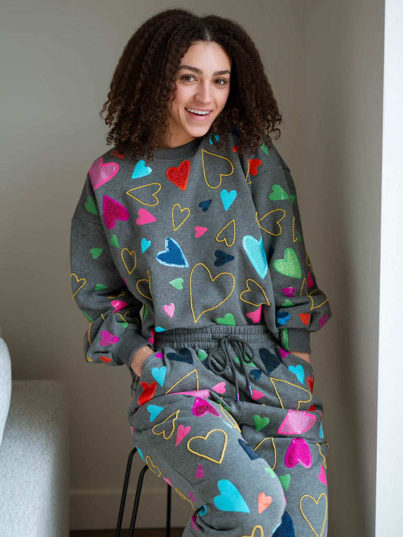 Colorful embroidered and sequined hearts sweatshirt