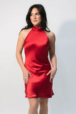 red satin halter dress