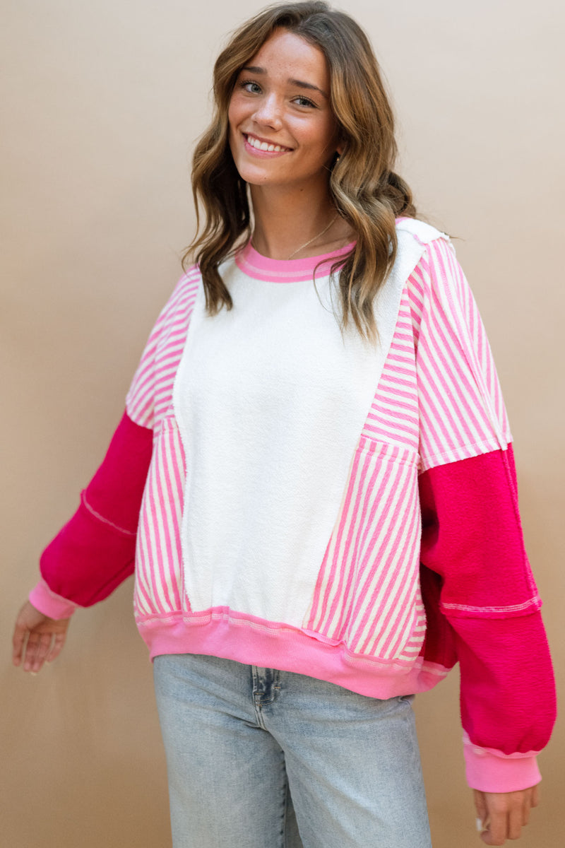 oversize pink white stripe terry sweatshirt