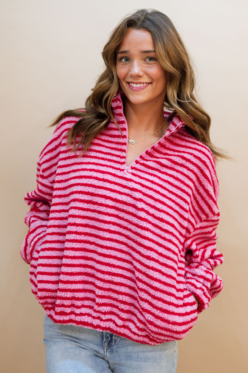 red stripe half zip pullover