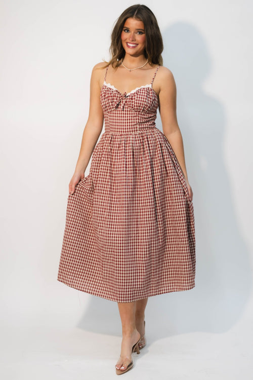 red gingham midi dress