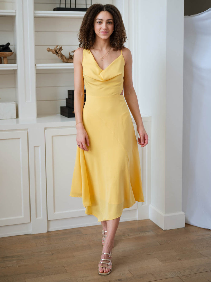 Yellow midi dress with cowl neck