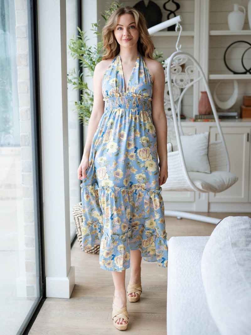 Blue floral halter midi dress with smocked bodice