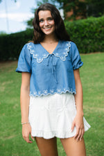 Chambray peter pan collar bib top