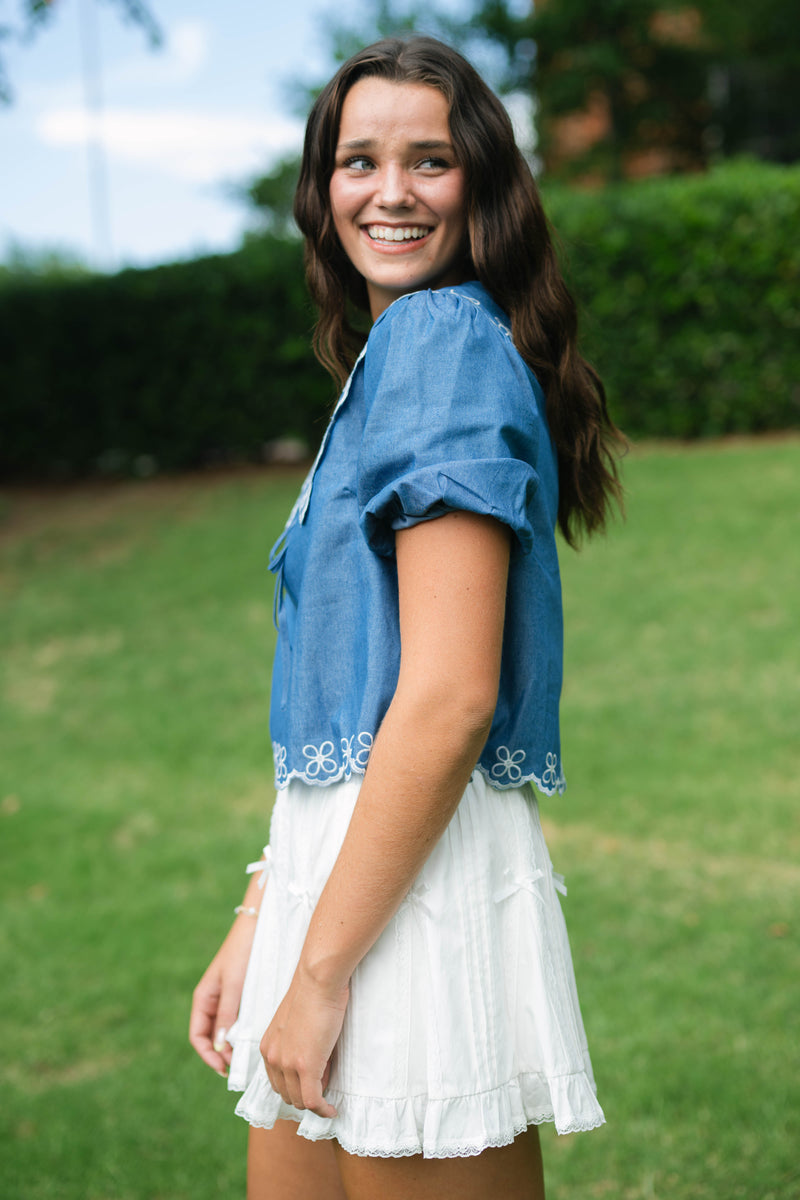 Blue puff sleeve top sorority rush