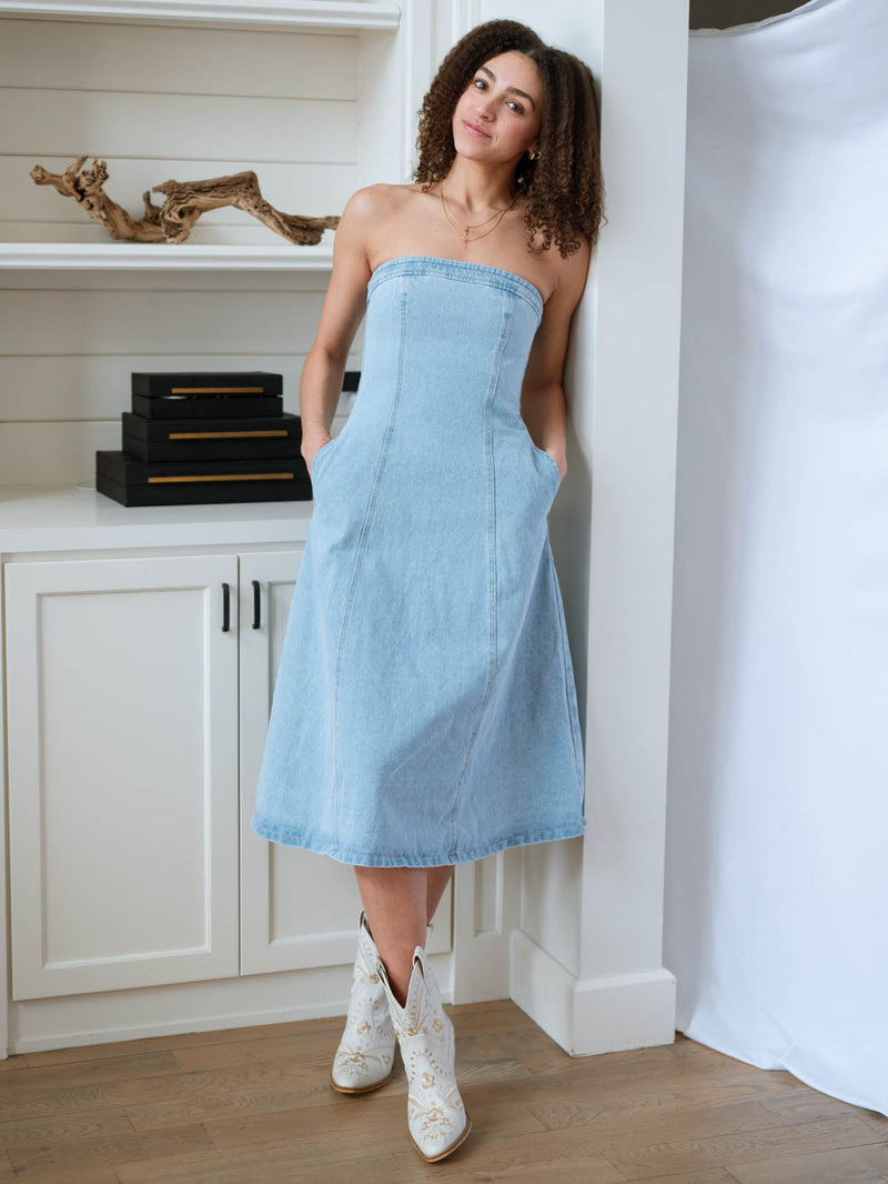 Light-wash denim midi dress with pockets