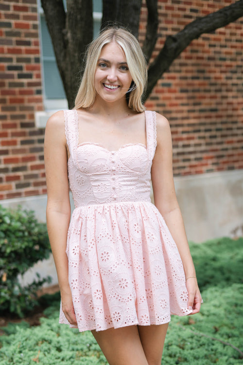 Pink eyelet mini dress rush recruitment