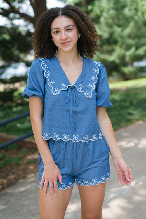 Blue embroidered denim coordinated set