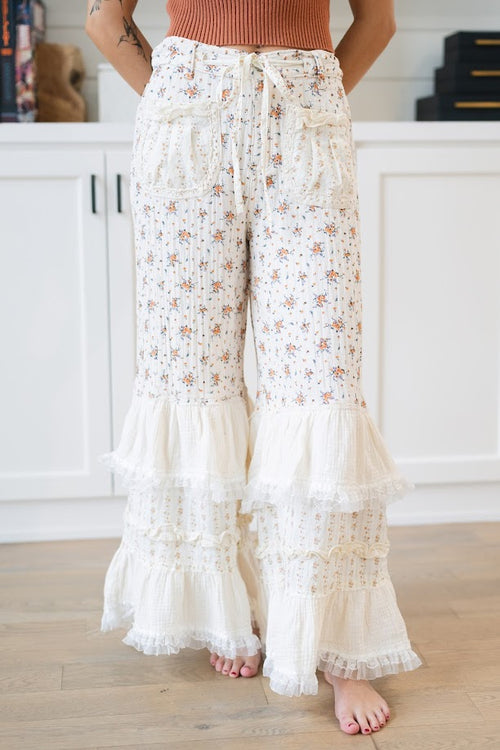 floral patchwork ruffle pants with lace trim