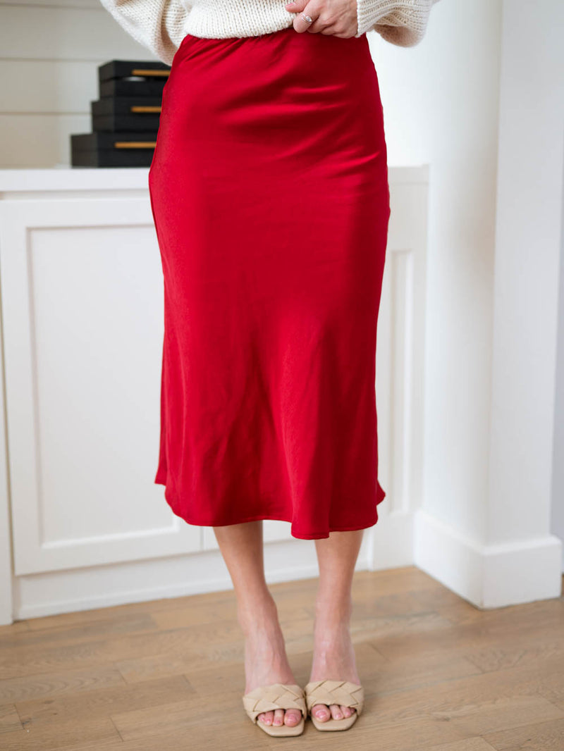 Modern red satin evening skirt